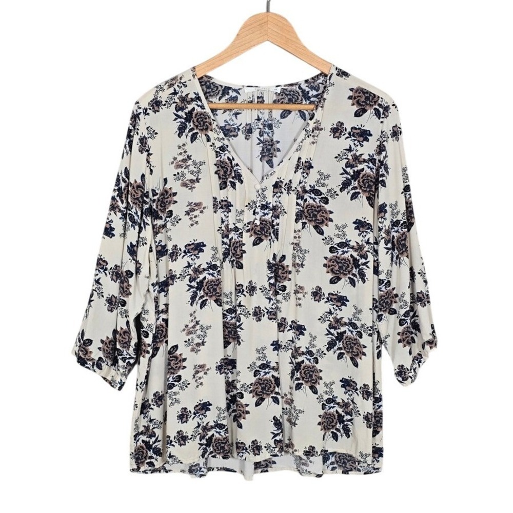 Fun2fun Women's Floral Pleated Button Front V Neck Blouse Cream 1XL